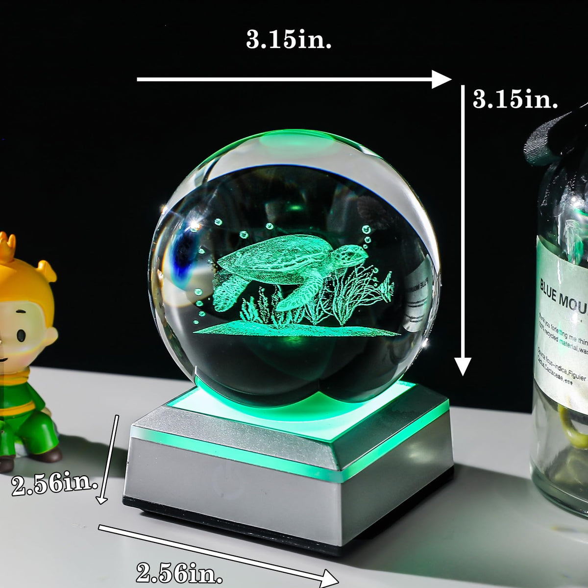 Sea Turtle Gifts for Women Men Laser Engraved Sea Turtle Crystal Decor Ball with Colorful LED Base Glass Trutles Decor Sphere Figurine (Sea Turtle)