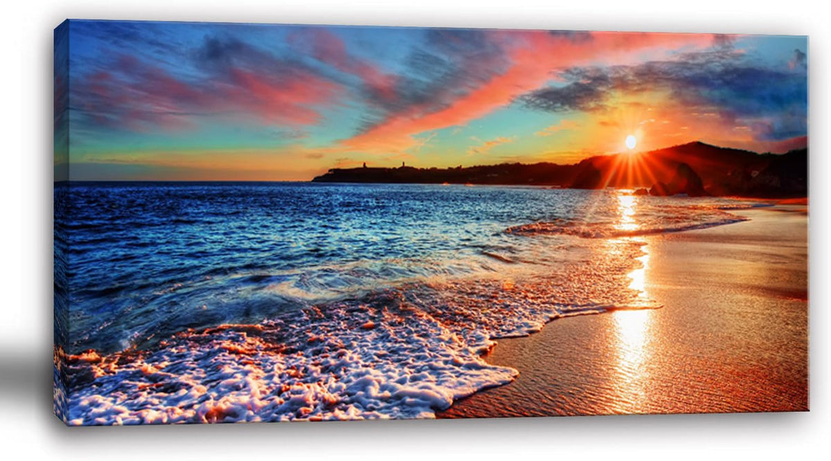 Beach Wall Art Pictures Decor for Bedroom Large Ocean Canvas for Wall Art Living Room Sunset Painting Coastal Artwork for Wall Seascape Print Sea Poster Landscape Office Art Home Decorations (BeachY / 48"L x 24"W)