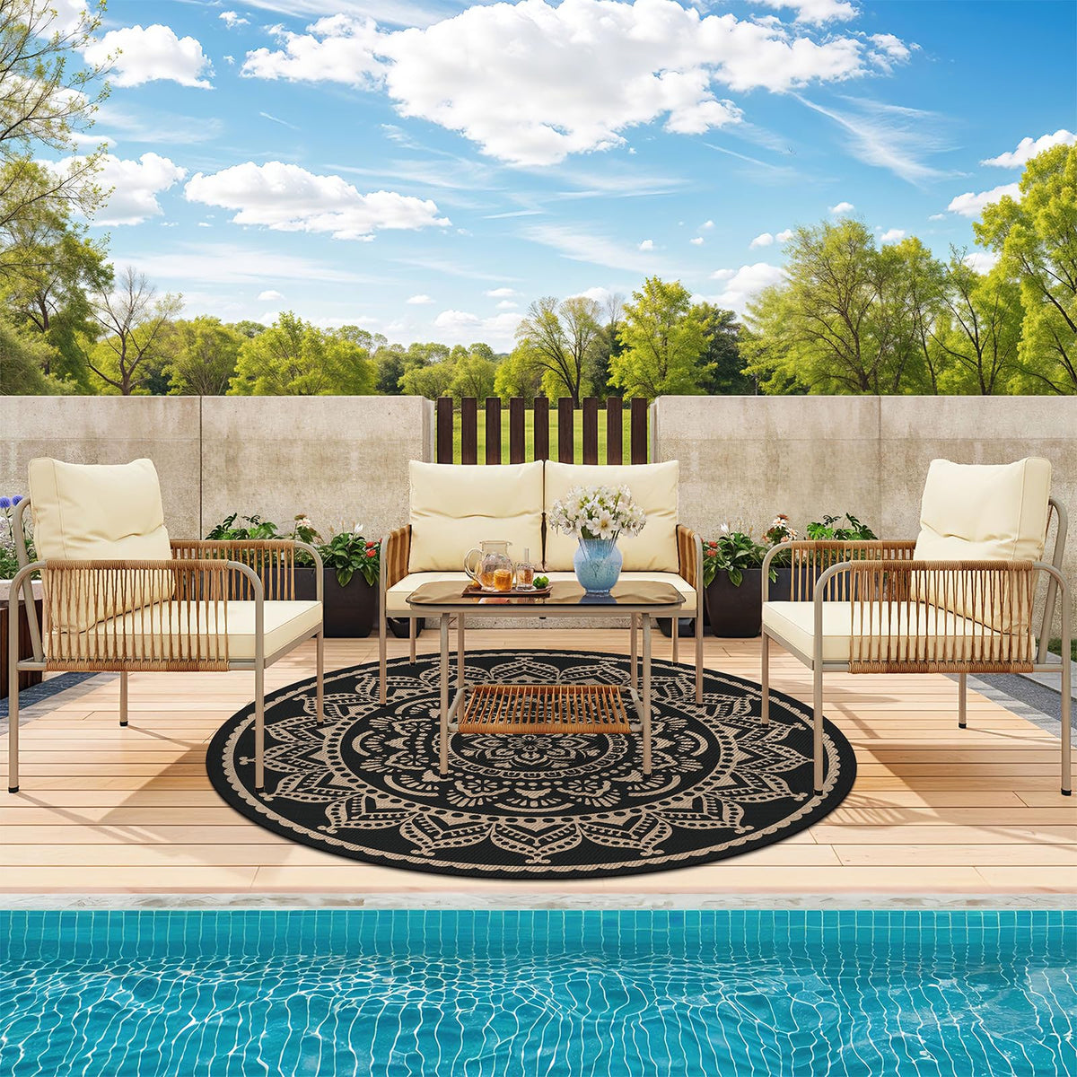 Waterproof Outdoor Rug (Flower Black Gold / 6' (Round))