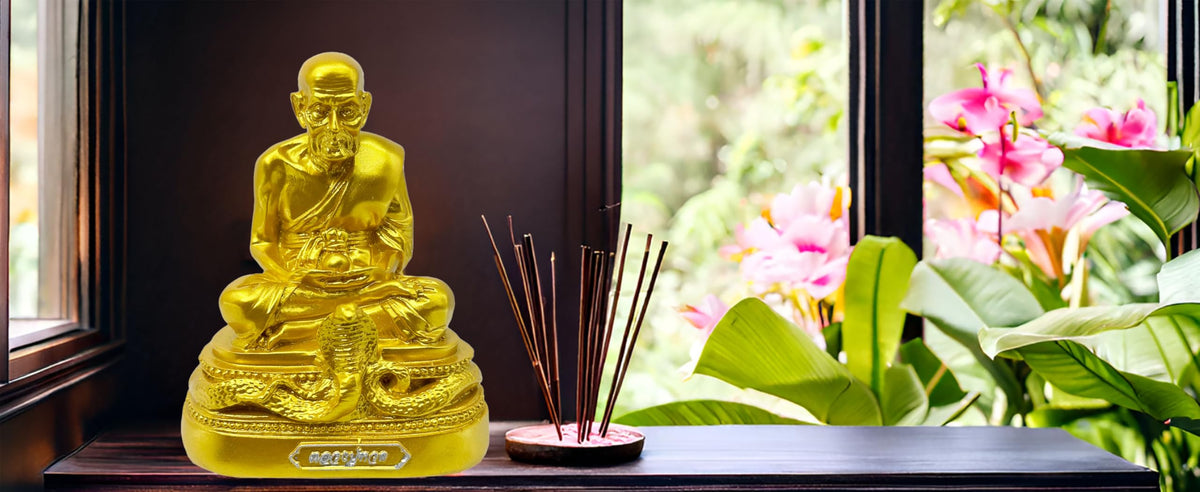 Luang Pu Thuad Buddha Statue Gold Buddha Statue 5" H. Thai Buddhist Saint Thai Buddha Statue Room Decor Home Decor Small Gift Office Gift (Mable White)