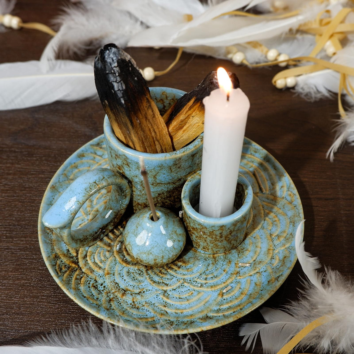 5-in-1 Ceramic Palo Santo Burner Holder Blue -Small Candle Holder (Blue)