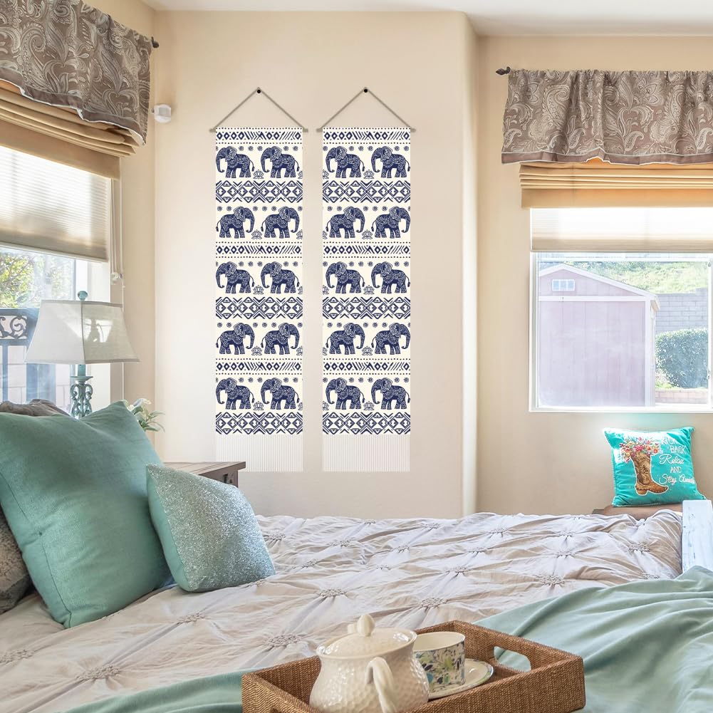 2Pcs Bohemian Elephant Long Vertical Tapestry (Blue-elephant)