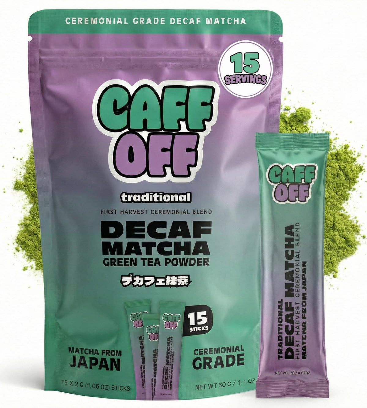 Decaf Matcha Green Tea Powder From Japan (DECAF - 1.06 oz (15 Sticks))