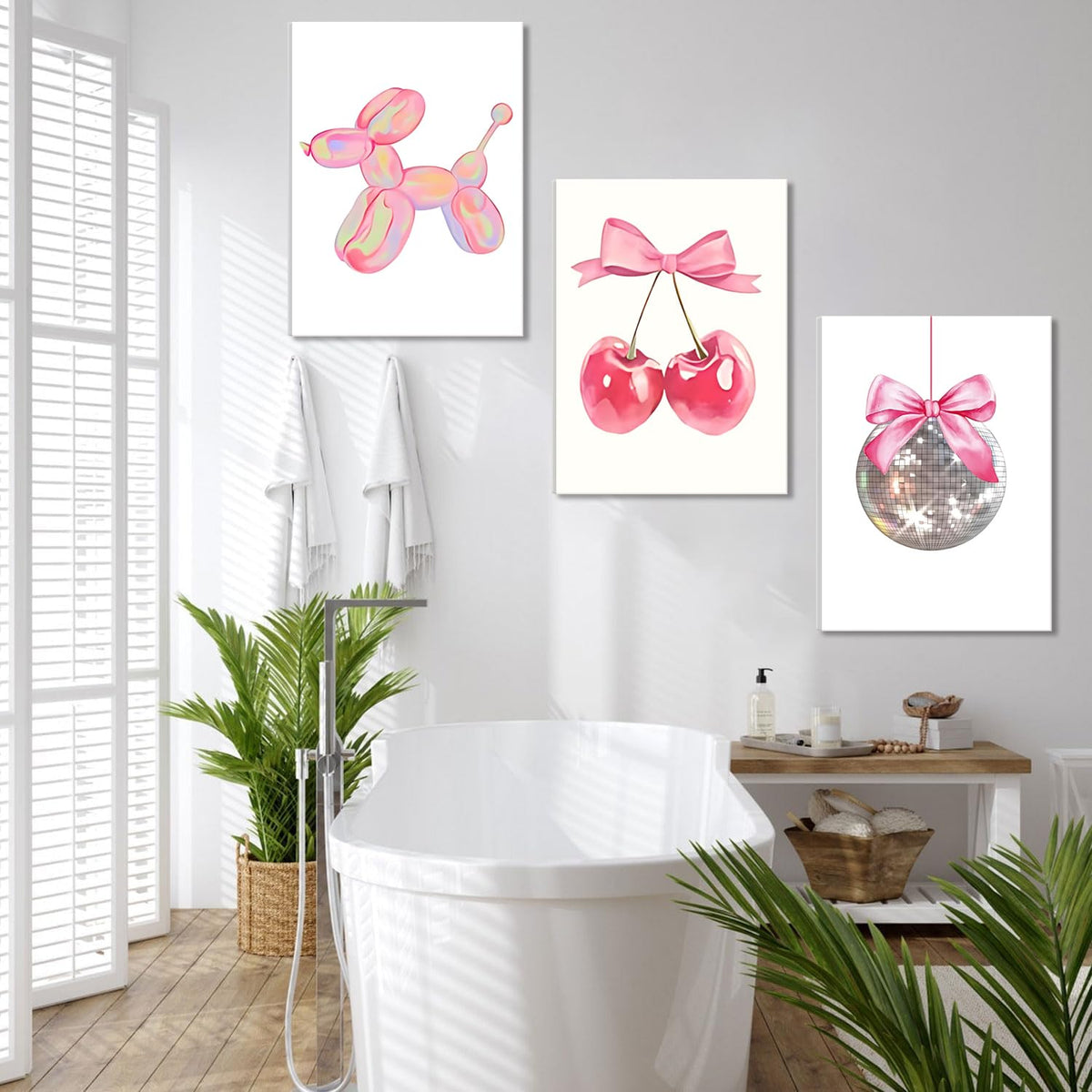 Trendy Pink Bows Canvas Wall Art Set of 3 (Balloon dog canvas / 24L"x16W")