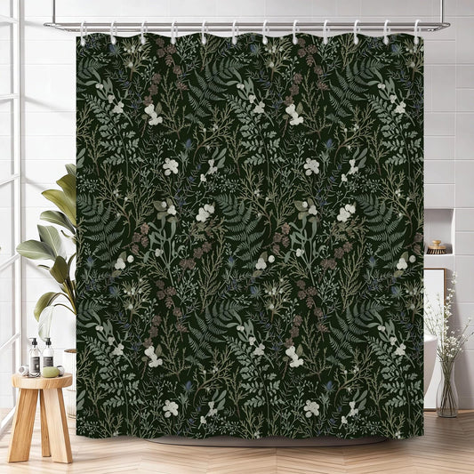 Dark Green Botanical Print Shower Curtain with Hooks (Botanical & Berry)