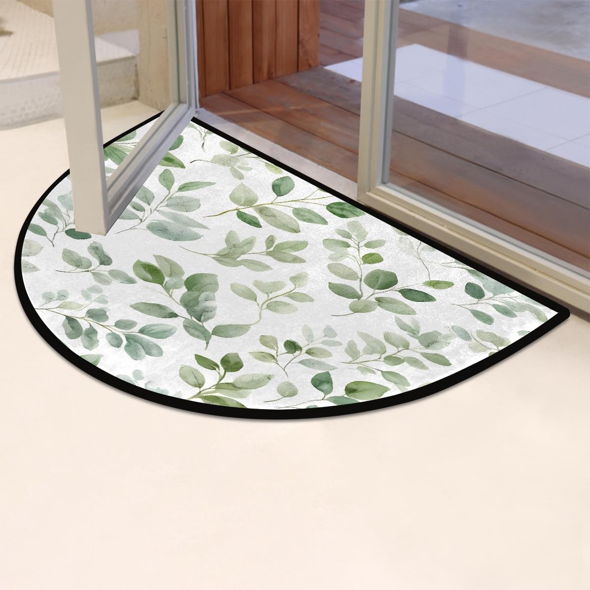 Sage Green Eucalyptus Leaves Half Round Door Mat Indoor Entrance Low Pile Non Slip Absorbent Semi Circle Welcome Mats Doormats 36x24 in Floor Mats for Home Kitchen (Watercolor Green Eucalyptus Leaves Leaf)