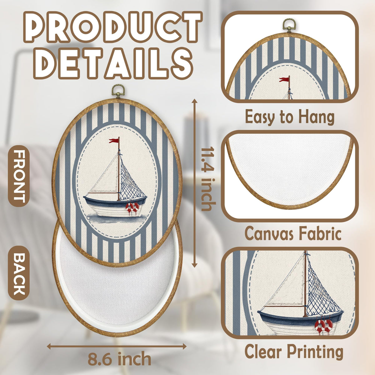 Coastal Sailboat Nautical Nursery Oval Wall Art Decor (Color033)
