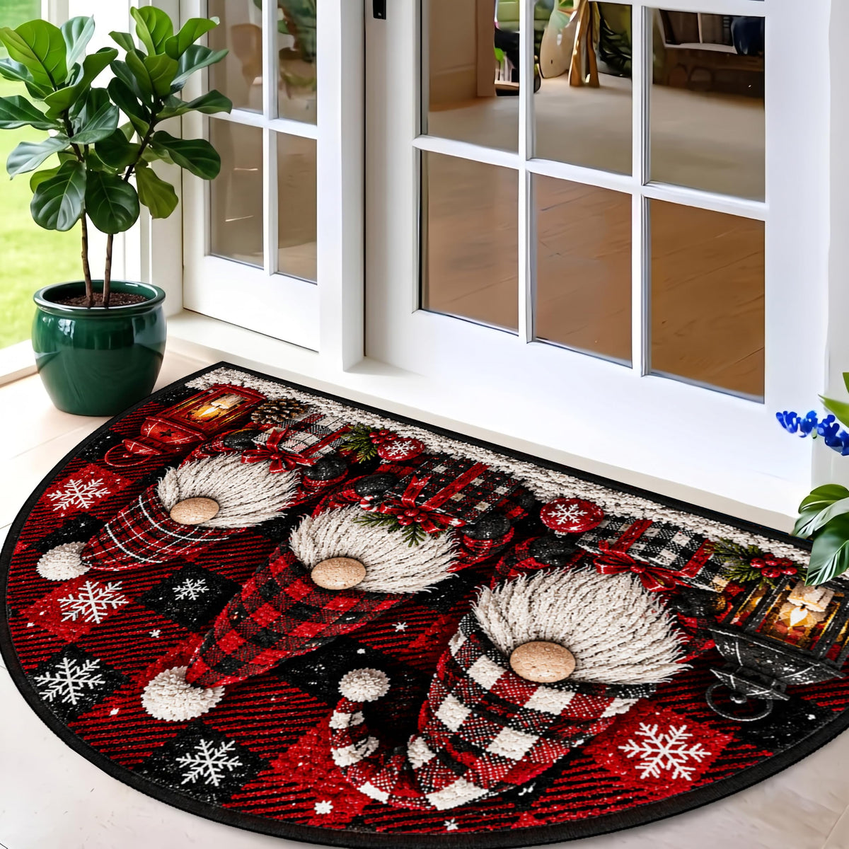 Christmas Gnome Half Round Doormat 35.4 x 23.6 Inch (Three Dwarfs / 1'11" x 2'11" (Semicircular))
