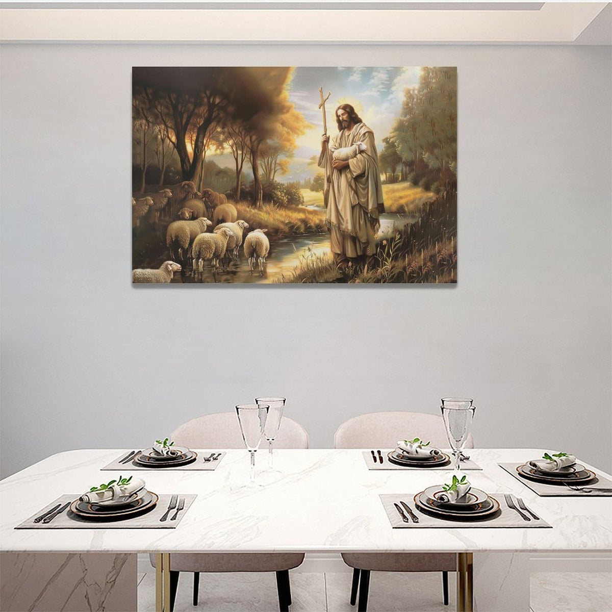 Jesus And Lamb Wall Decor Christian Pictures Vintage Jesus Christ Religious Canvas Wall Art God Lamb Painting Home Modern Artwork Framed for Church Living Room Bedroom Bathroom Office 24 x 16 inch (24"L x 16"W / Lamb Jesus)