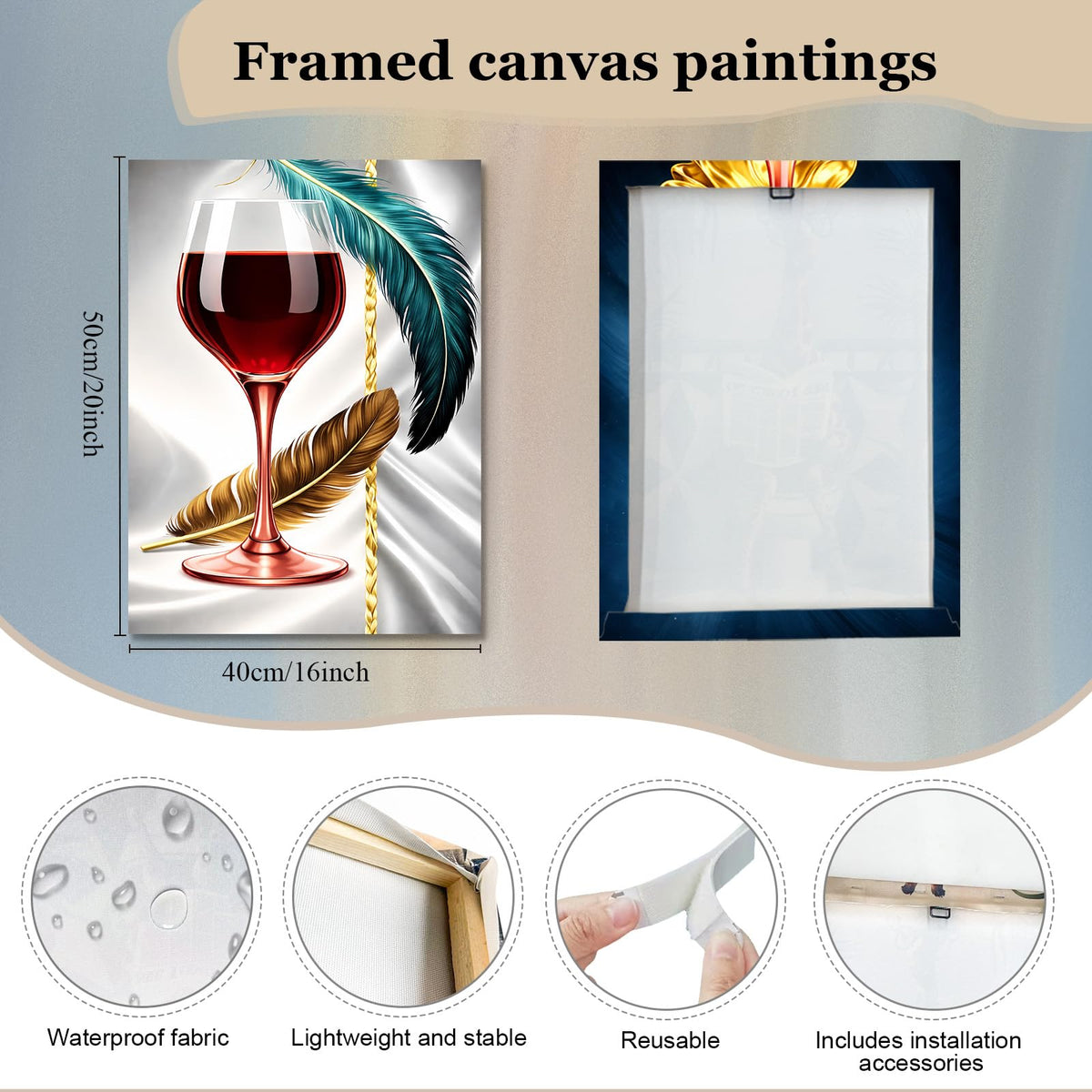 3 Piece Wall Art 16x20 Framed Canvas Wall Decor Modern Wine Glass and Gold Leaf Abstract Pictures for Living Room Bedroom Office Hallway Easy No Drill Hanging with Strips and Hooks (Simple canvas painting57)