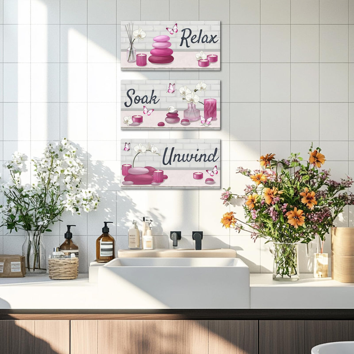 Pink Bathroom Wall Art Zen Pictures Canvas Painting for Zen Meditation Room Wall Decor Framed 8"x16" for Each (Pink)