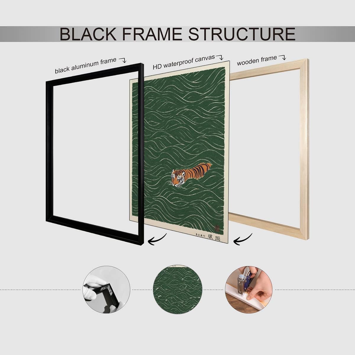Black Framed Vintage Japanese Tiger Swimming Prints 20x30in Ukiyo (Black Framed / Japanese Prints / 30"L x 20"W)