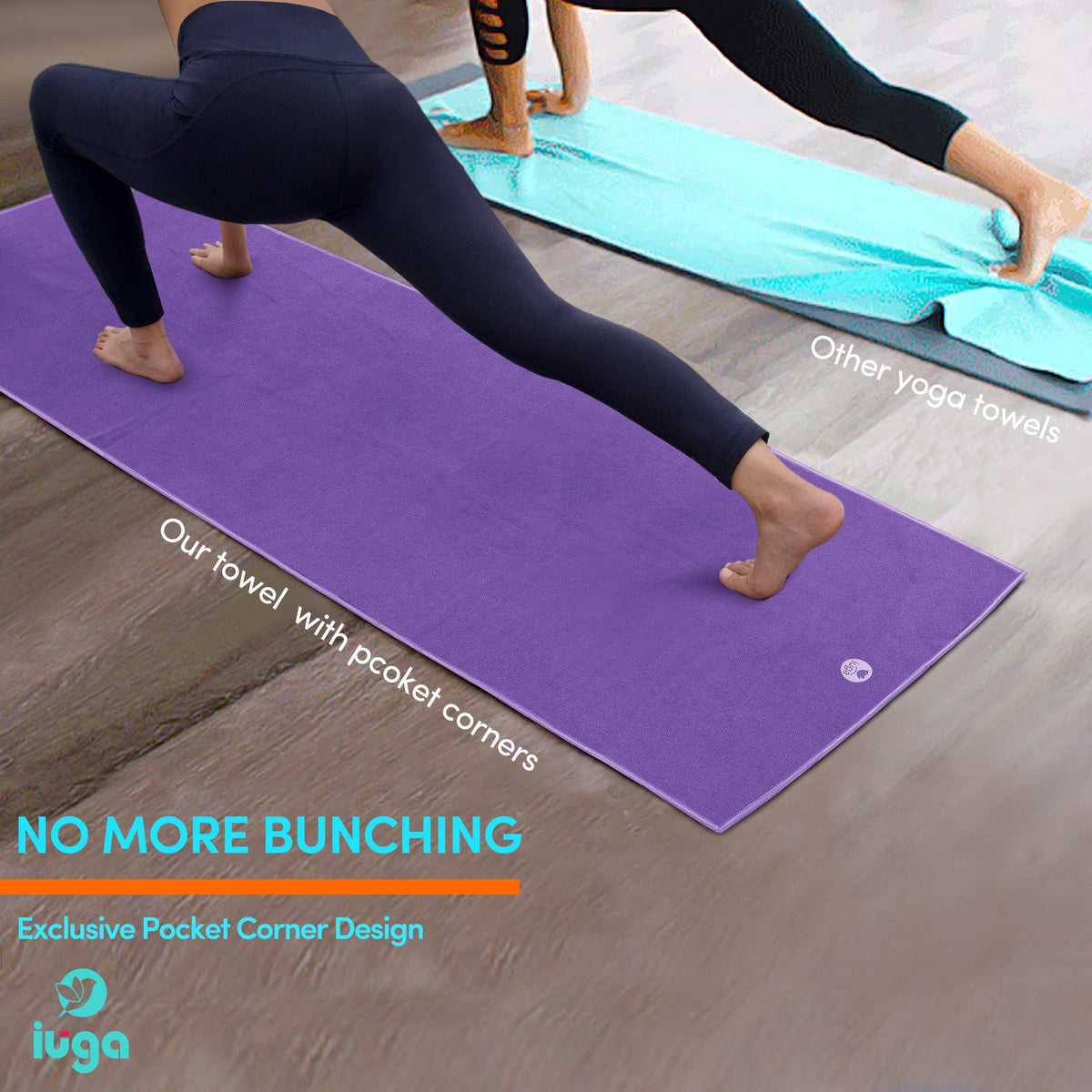 Yoga Towel for Hot Yoga Non Slip Extra Thick Yoga Mat Towel + Hand Towel 2in1 Set with Corner Pockets Super Absorbent and Quick Dry Hot Yoga Towel (New Purple / 72”X26”)