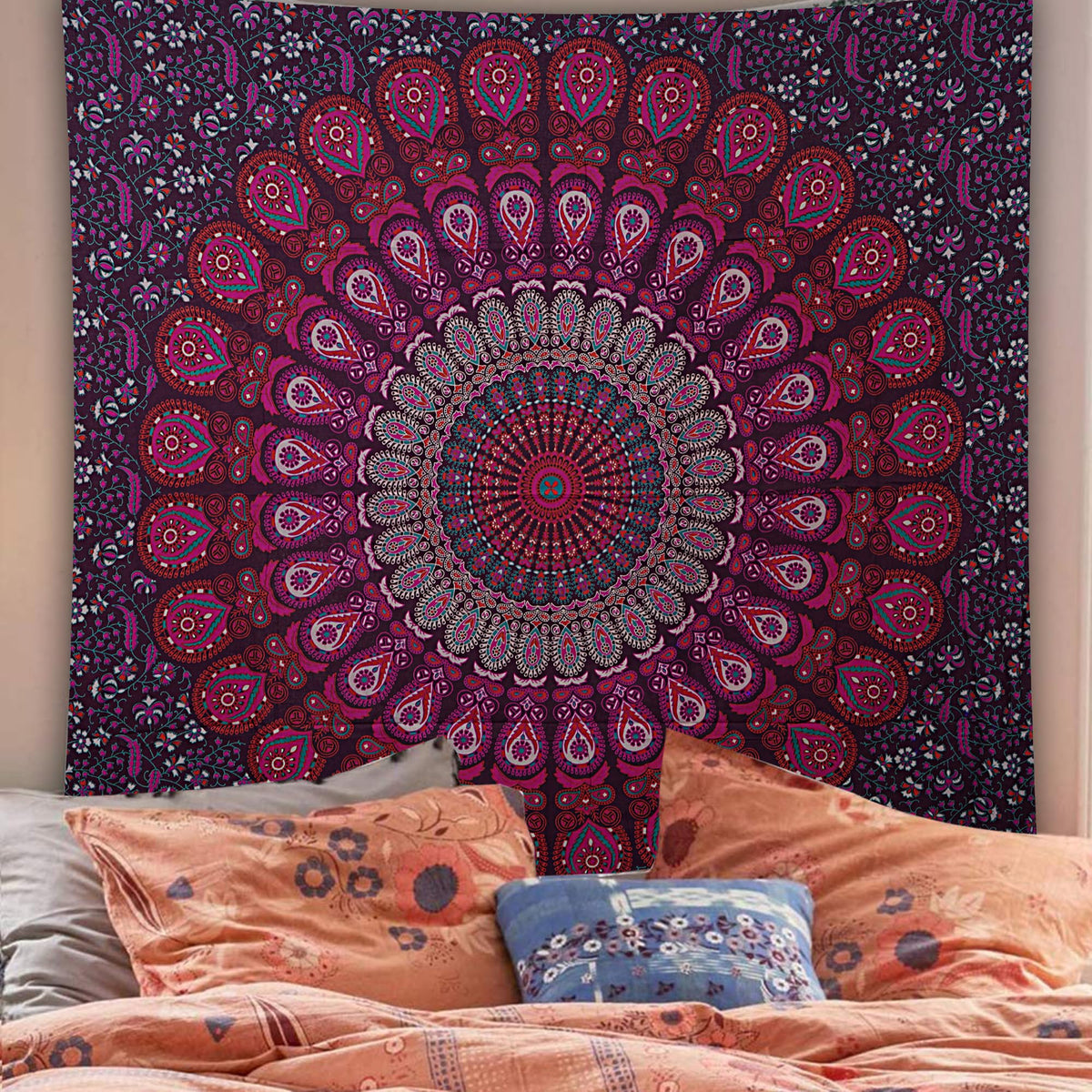 Handmade Cotton Peacock Mandala Tapestry (40"L x 30"W / Purple Pink)
