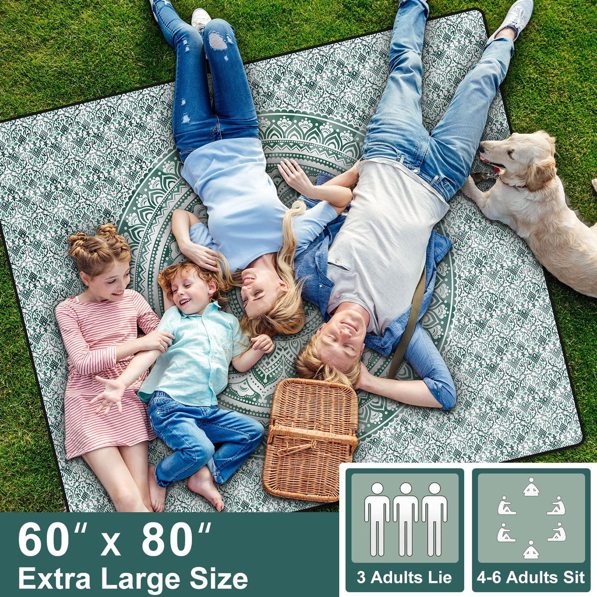60x80" Extra Large Picnic Blankets Waterproof Sandproof Couple Outdoor Beach Blanket Foldable Grass Park Lawn Concert Mat Summer Camping Essentials Rv Travel Vacation Accessories Festival Gift (Green Mandala / 6'8" x 5' (Rectangular))