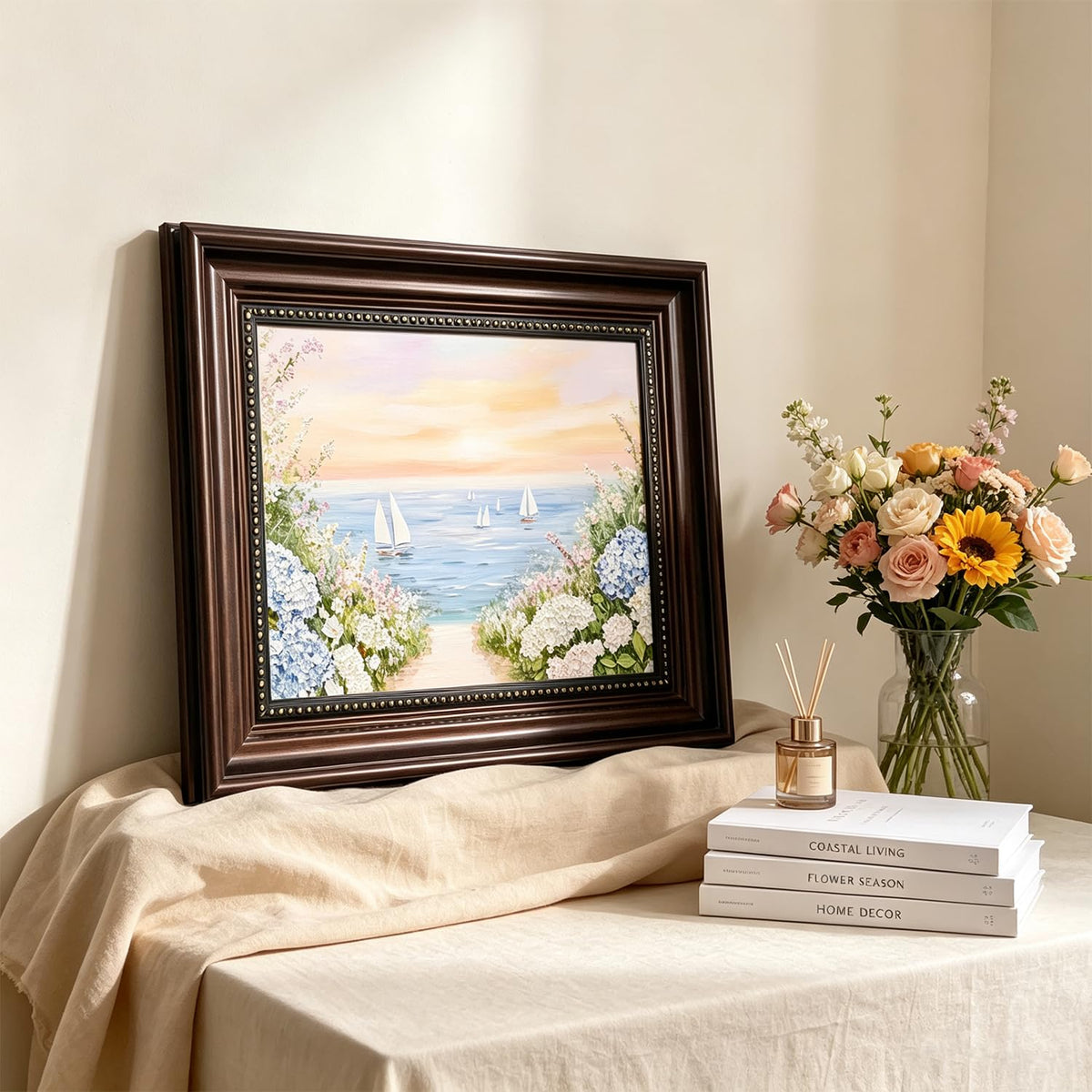 Dark Brown Framed Powder Blue Coastal Hydrangea Canvas Wall Art 12x16 in (Coastal Hydrangea / 16"L x 12"W)