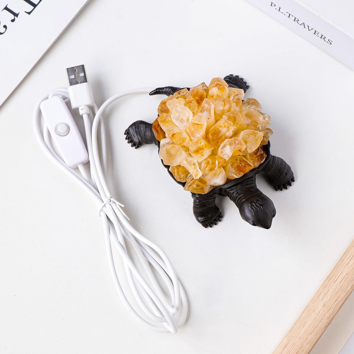 Natural Yellow Tooth Turtle Night Lamp Healing Crystal Bedroom Bedside Table Lamp USB Port Home Decor Women Men Gift (Yellow)