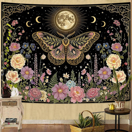 Tapestry Moon Moth and Floral Tapestries Witchy Cottagecore Tapestries Mystical Nature Wall Tapestry Bedroom Dormitory Living Room Decoration 90"x70" (Black Pink / 90"L x 70"W)