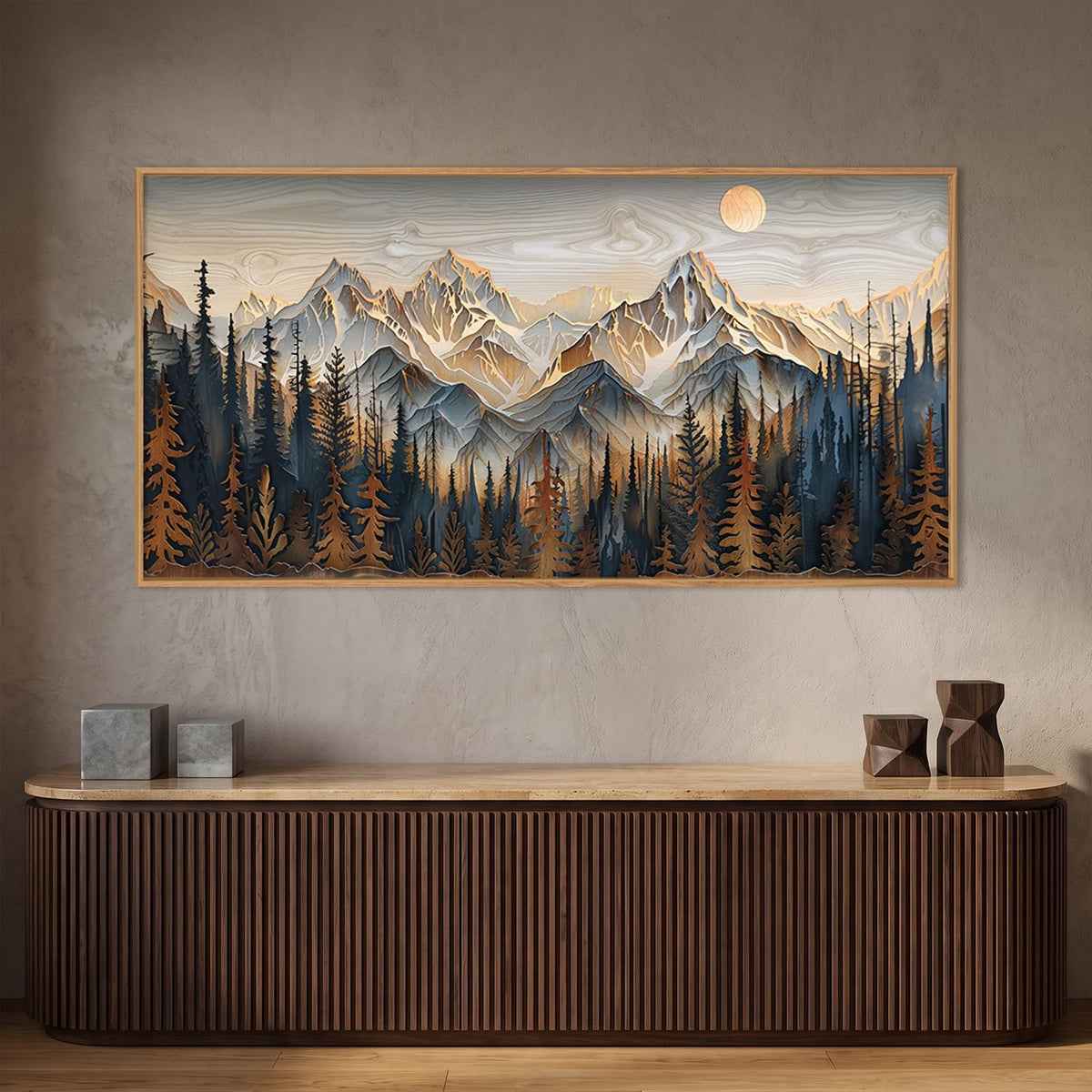 Rustic Pine Tree Mountain Framed Canvas Wall Art Set (Wood Mountain Wall Art / 40"L x 20"W)