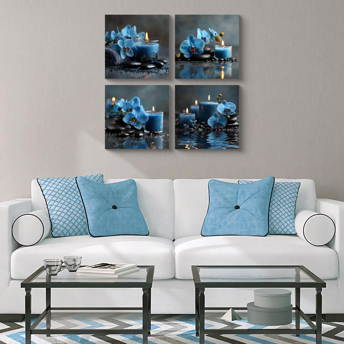 4PCS Blue Orchid Candle Spa Wall Art Zen Aromatherapy Canvas Print Relaxing Floral Still Life Artwork with Stones Modern Tranquil Bathroom Bedroom Meditation Decor for Home Spa Office (12X12inchX4 / Blue Orchid)