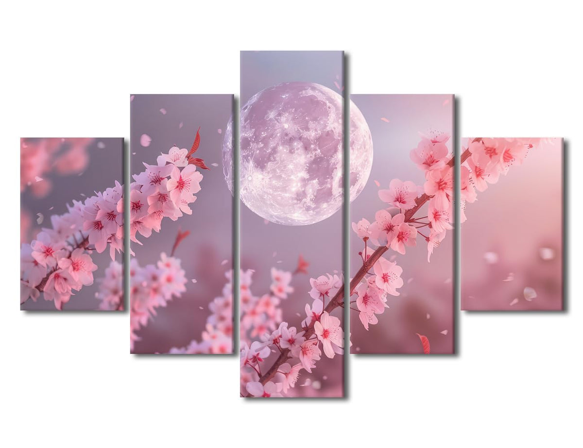 Canvas Wall Art Premium Lunar Bloom In Pink Hues Large Framed Poster Asian Inspired Decor Meditation Room Wall Display Five Panel Floral Moon Artwork 60" Wx40 H‌ (60''Wx40''H / Artwork-08)