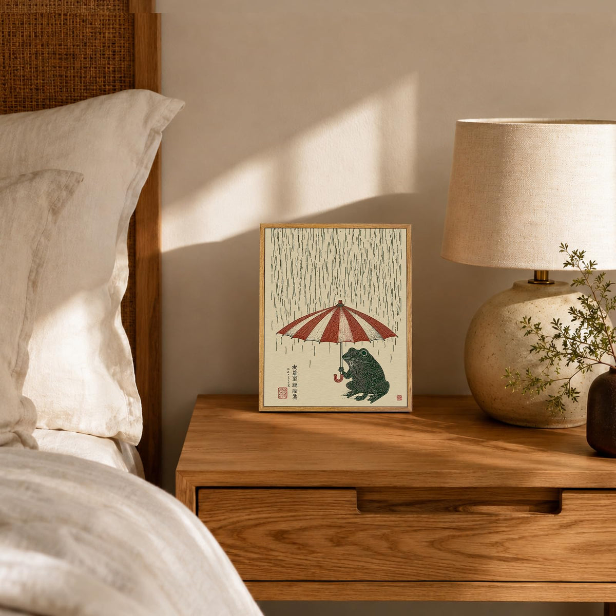 Framed Funny Japanese Frog Wall Art (Frog with an umbrella / 8"L x 10"W)