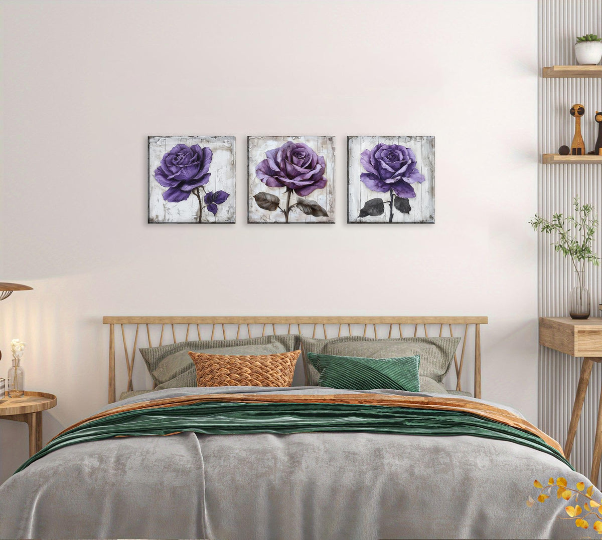 3Pcs Purple Rose Canvas Prints Wall Art Botanical Floral Art Modern Flower Artwork Ready to Hang Textured Wall Art Print Decorative Wall Hanging for Living Room Bedroom Kitchen (14 x 14 inches (3-Piece Set) / Purple Rose)