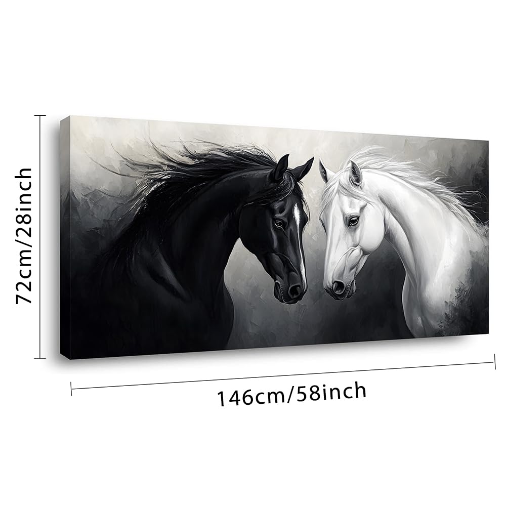 Multicolor Oil Painting Two Horses Wall Art for Living Room Office Classical Art Equine Portrait Painting Prints Vintage Canvas Artwork Dining Bedroom Decor Extra Large (Abstract / Black White Two Horses Wall Art / 58"L x 28"W)