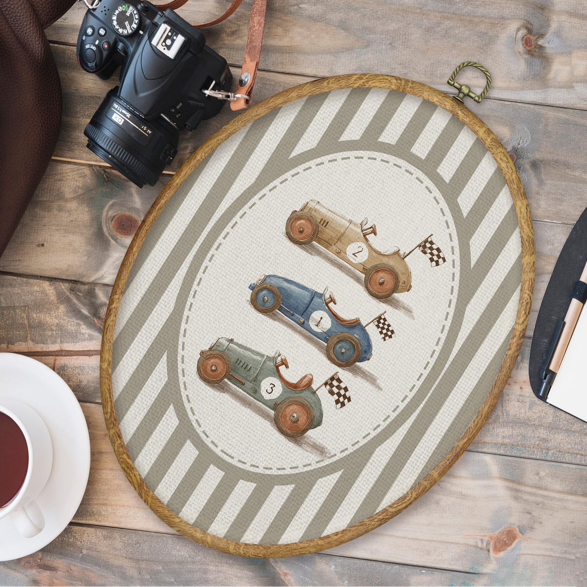 Vintage Race Car Boy Nursery Oval Wall Art Decor Products (Colour25)
