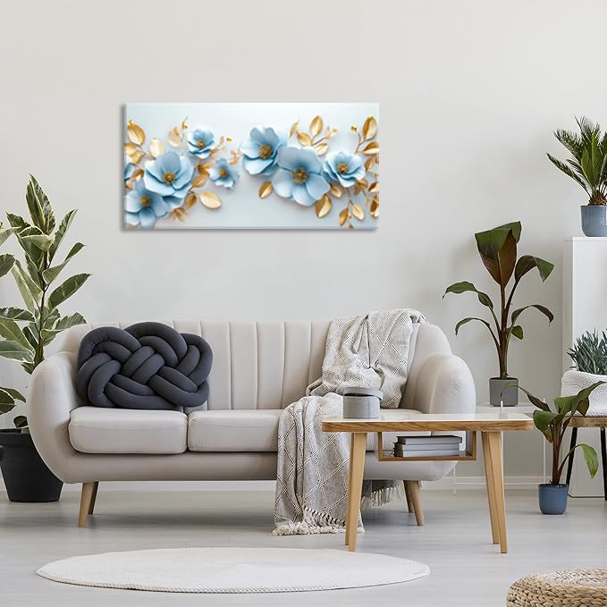 Aqua Blue Flower Wall Art for Living Room Canvas Painting Prints Pretty Floral Modern Nature Gold Elegant Artwork Office Bedroom Girls Room Decor Extra Large (58L" x 28W" / Gold and Blue Wall Art(k830))