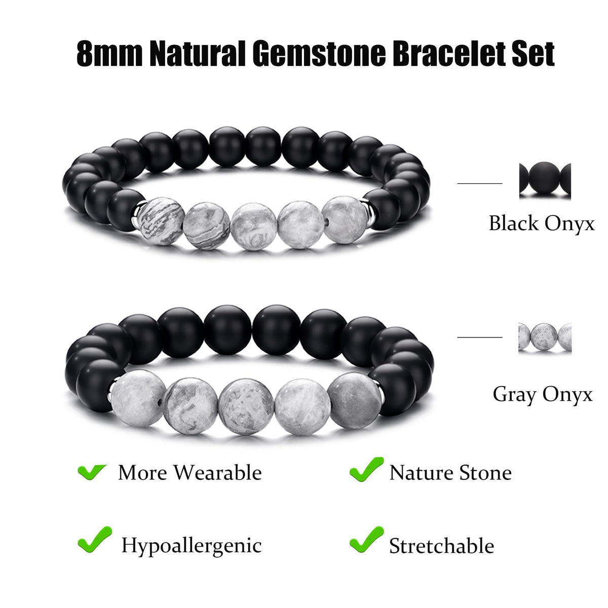 Mens Bracelets 8MM Natural Stone Beads Bracelet Set Stretch Adjustable Beaded Bracelets for Men (2,gray,black)