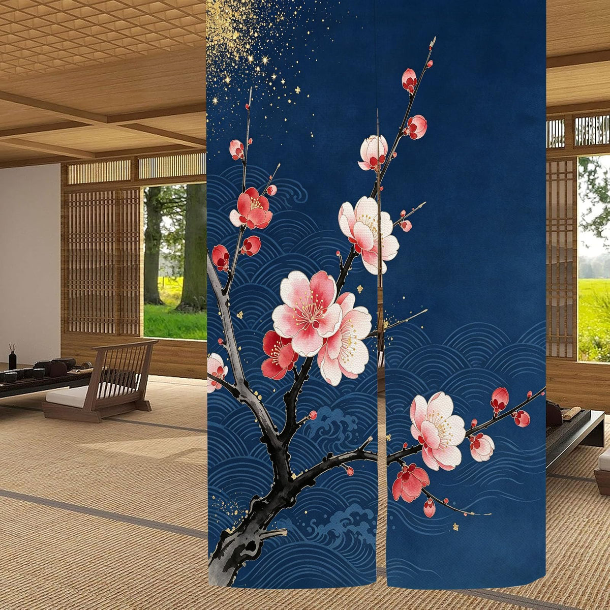 Japanese Noren Doorway Curtain Navy Blue Plum Blossom Wave 33.5x47.2in (Navy Blue / 33.5"W x 47.2"L (Pack of 1))