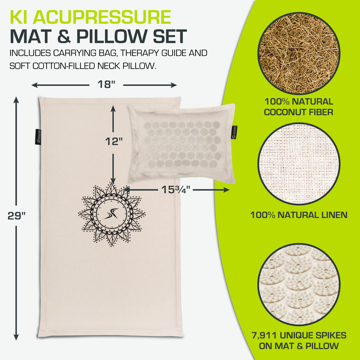 Fit Ki Acupressure Mat and Pillow Set with 100% Natural Linen for Back (Sand Dunes)