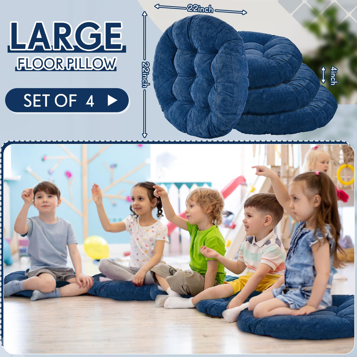4 Pcs Navy Blue Large Floor Pillow Cushion (Round 22 x 22 / Navy Blue)