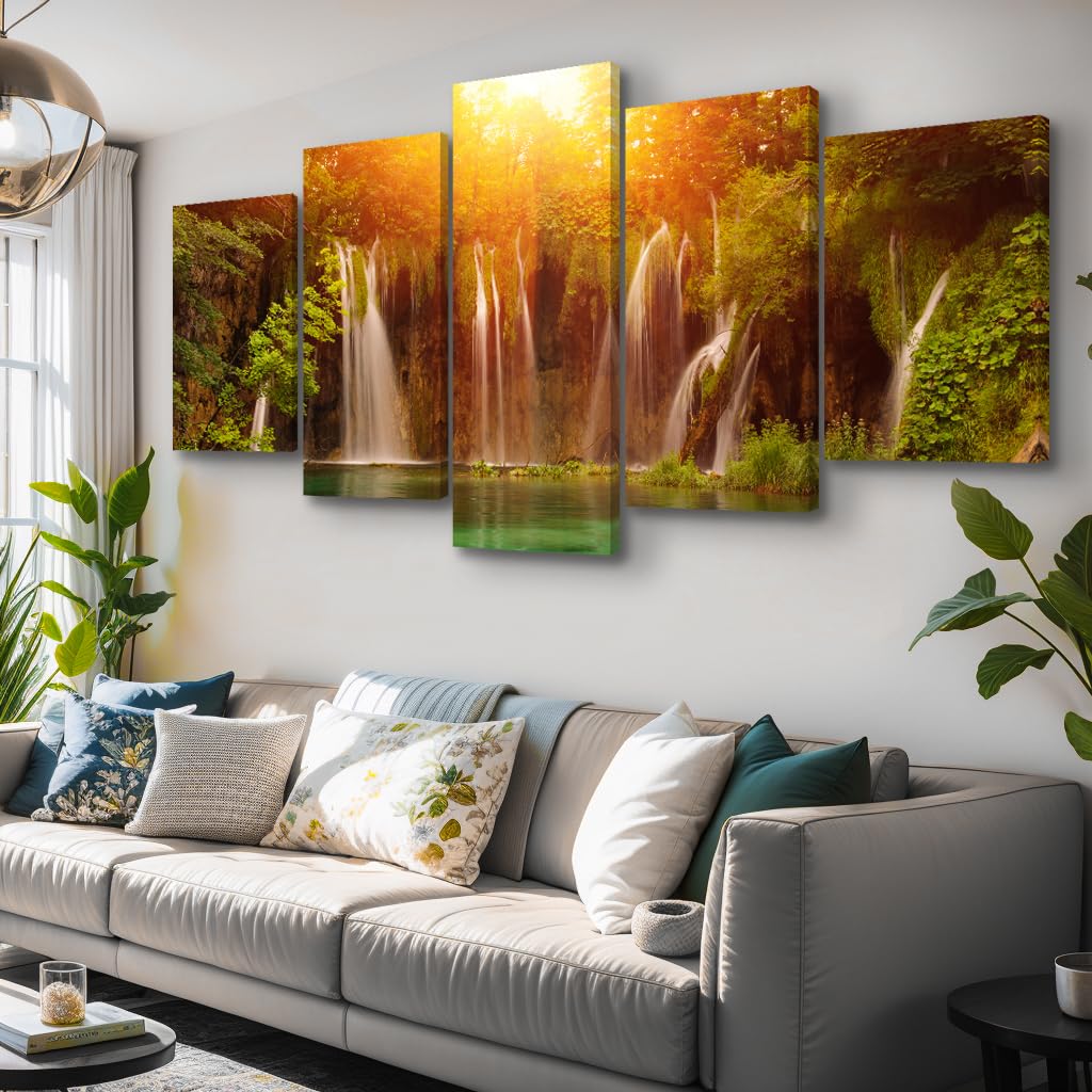 Wall Art Canvas Painting golden Forest Waterfall 5 Piece Mountain River Water Stream and Tree Picture Poster Print Framed and Stretched Ready to Hang for Living Room Bedroom office Artwork (16x24inchx2,16x32inchx2,16x40x1 / Artwork171)