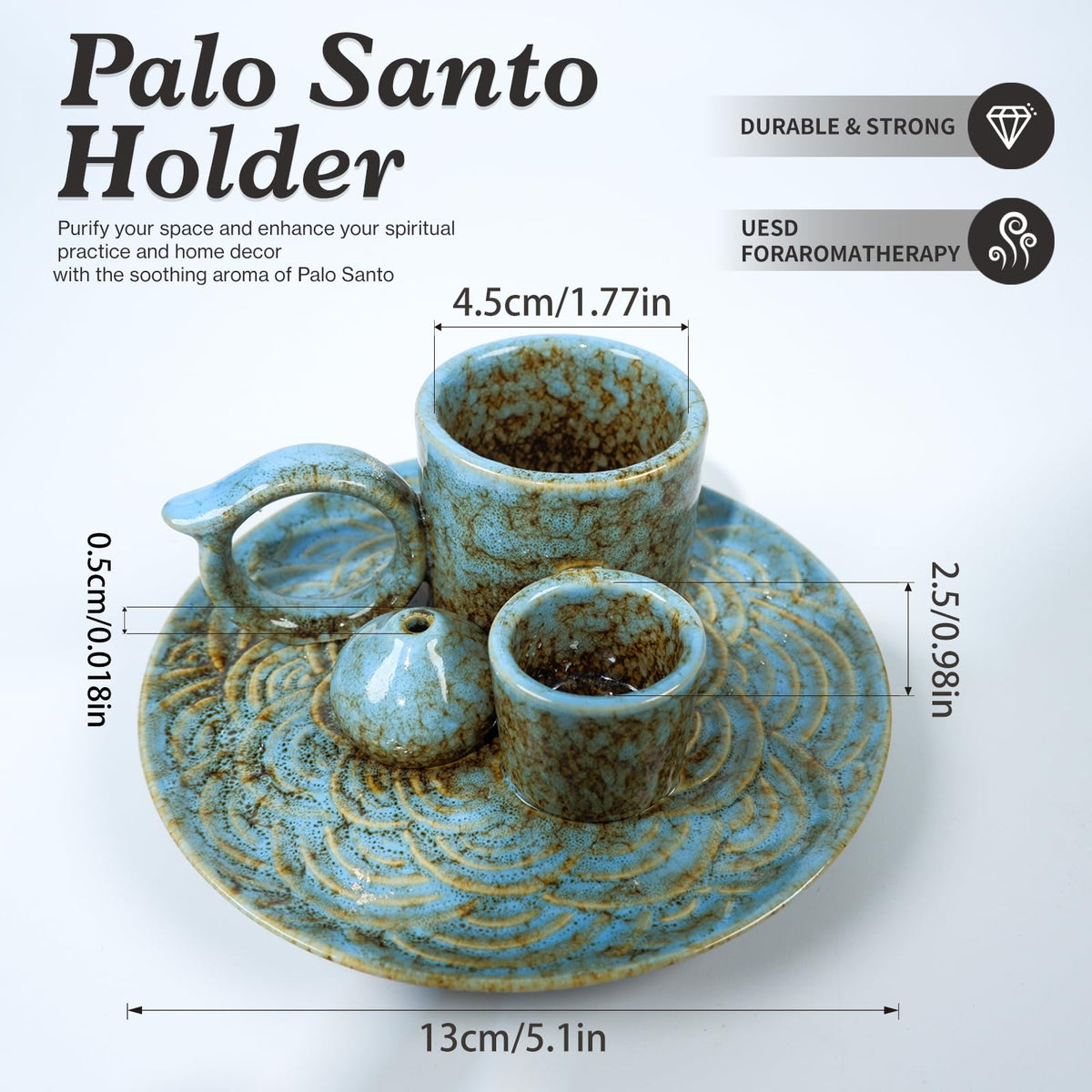 5-in-1 Ceramic Palo Santo Burner Holder Blue -Small Candle Holder (Blue)