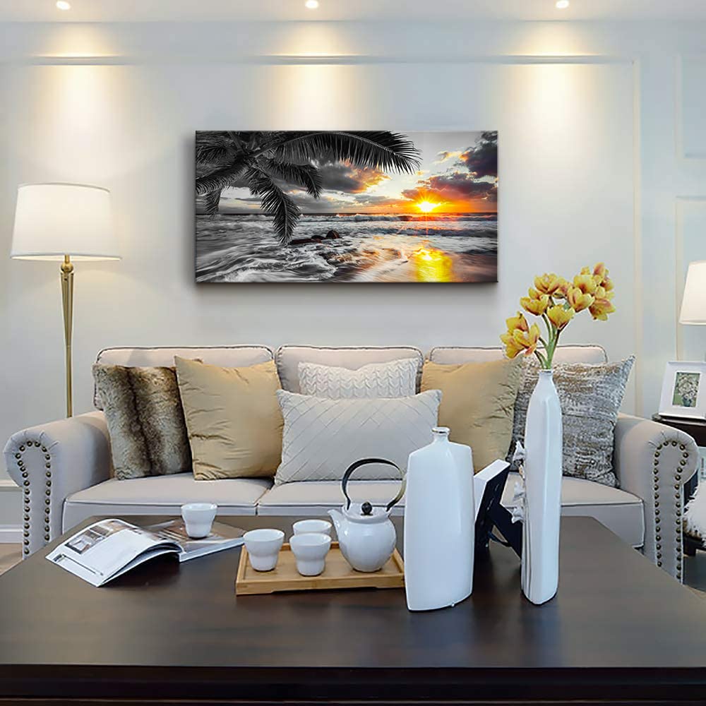 Large Canvas Black White Gold Ocean Wall Art Sunset Beach Pictures Coastal Painting Sunrise Seascape Scenery Print Palm Poster Sea Artwork for Bedroom Wall Art Living Room Office Décor (black white Sunrise beach / 60"L x 30"W)