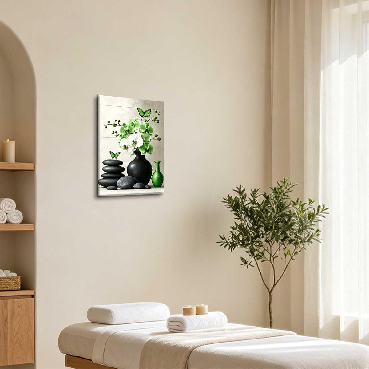 Orchid Flower Canvas Wall Art Zen Bathroom Pictures Prints Spa Stone Butterfly Wall Decor Black White Yoga Meditation Paintings for Living Room Bedroom (Green / 24"L x 16"W)