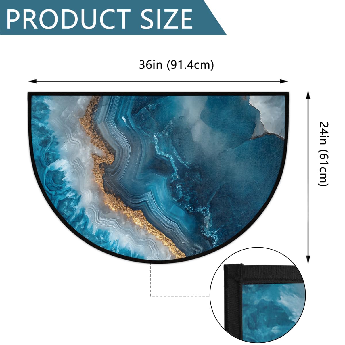 Modern Marble Blue Half Round Door Mat Half Moon Rug Washable Half Circle Area Rugs Indoor Entrance Non Slip Semi Circle Bathroom Rugs Floor Carpet for Kithen Bedroom Fireplace Decor (Color 10)