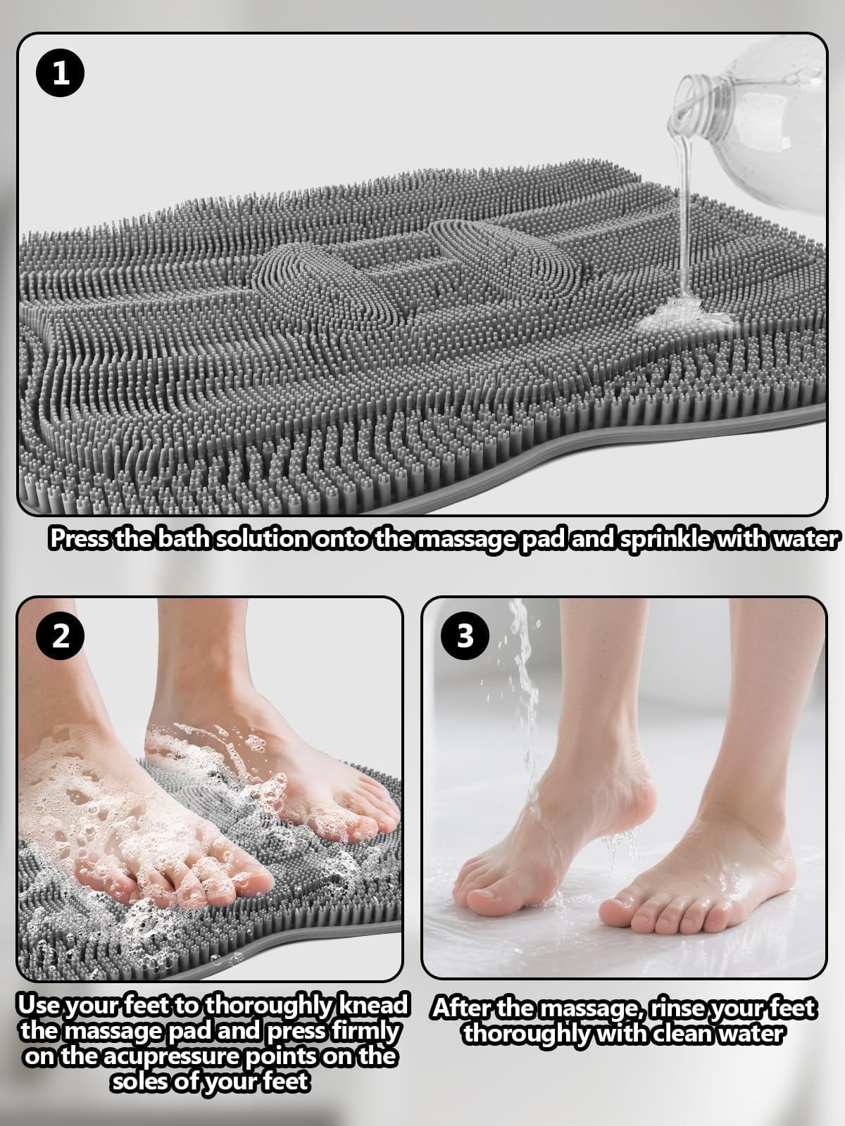 Silicone Shower Foot Scrubber Mat with Non Slip Suction Cups (Grey)