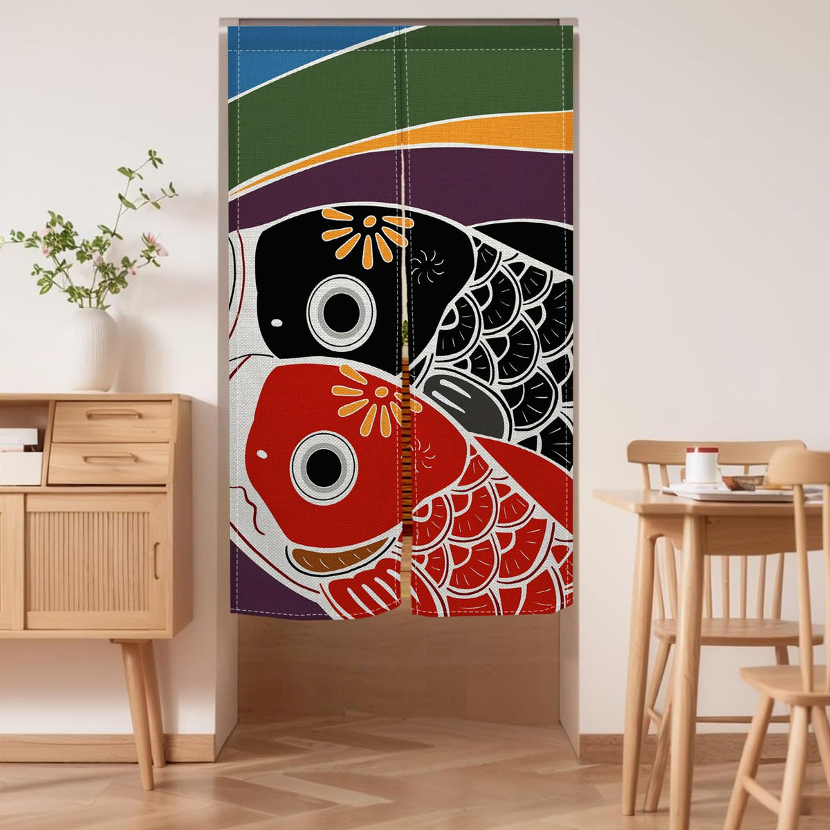 Noren Japanese Doorway Curtain Koi Fish Entrance Feng Shui Door Curtains Cute Animal Window Treatment Bedroom Partition Kithchen Bathroom Door Decor 33.5 x 59 Inch (Black Red)