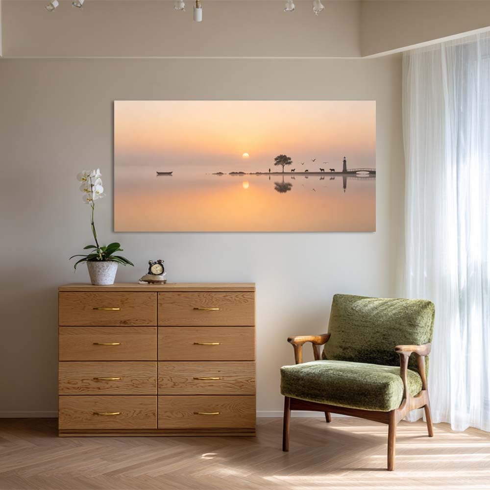 Sunset Beach Canvas Wall Art Silhouette Ocean Landscape Painting Flat Print Gallery Wrapped Coastal Artwork for Living Room Bedroom Bathroom Decor (Mysterious / White Lighthouse Tree 17 / 46"L x 23"W)