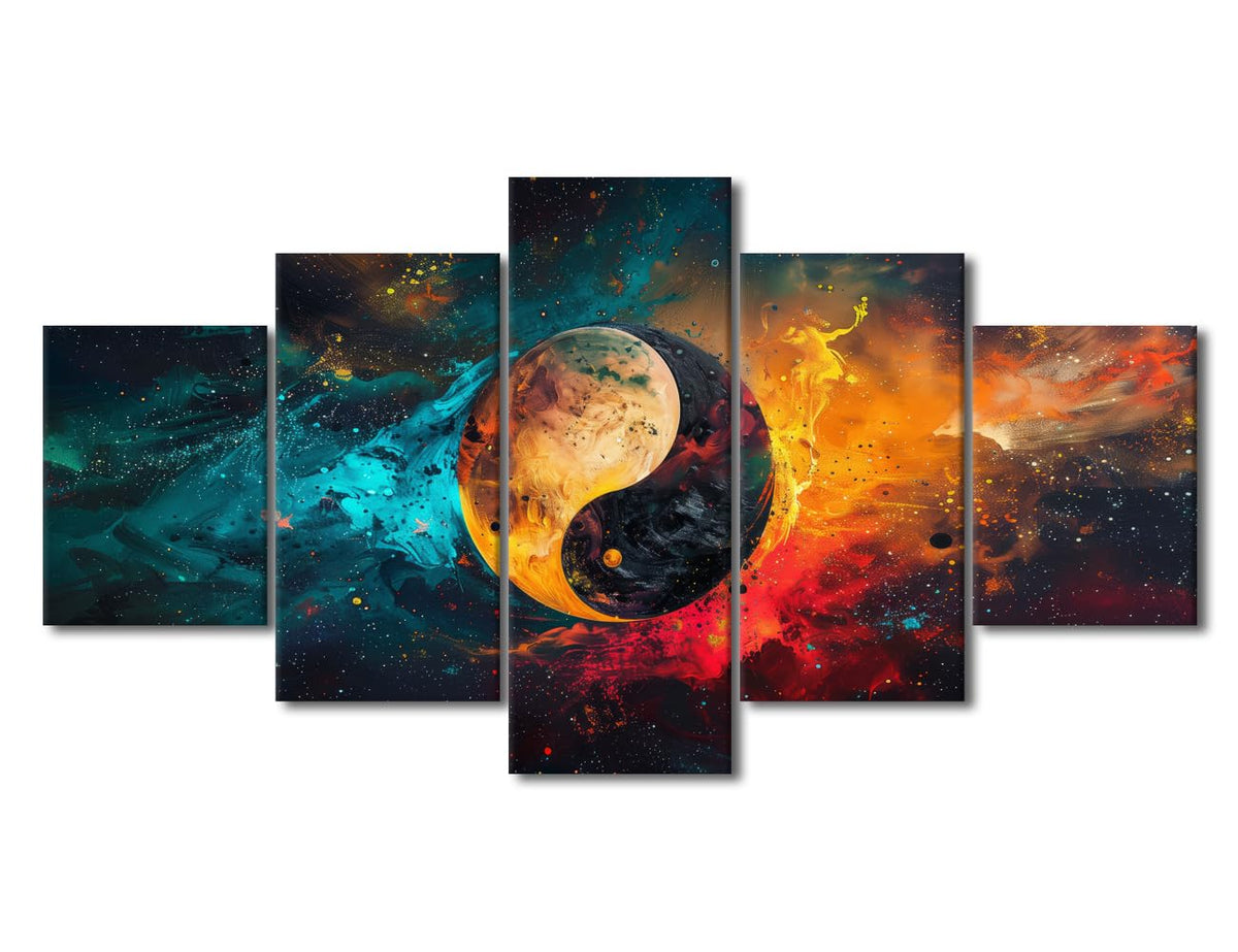 Wall Art Large Abstract Yin Yang In Vibrant Space Scene Framed Canvas Print Multi Panel Artwork Contemporary Living Room Decor Universe Theme Art Ready to Hang 60" Wx32 H (60''Wx32''H / Artwork-10)