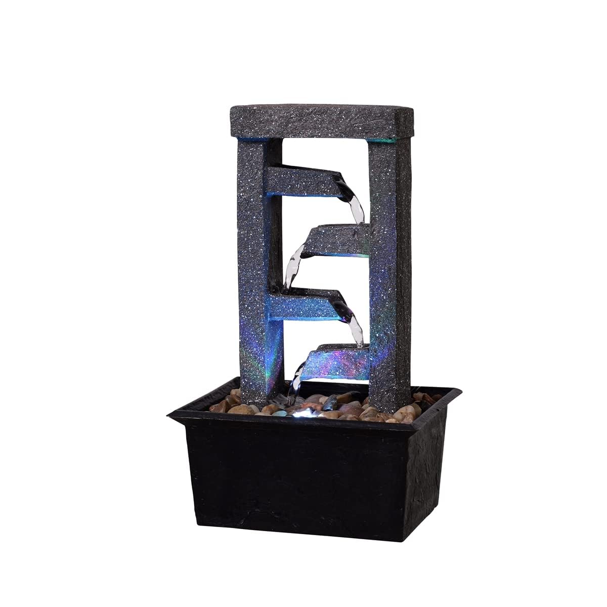 10" 4 Tier Tabletop Waterfall Fountain with Natural River Rocks (Cascading Ladder)