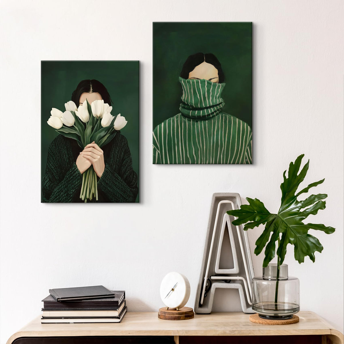 Funky Emerald Green Abstract People Wall Art Vintage Eclectic Woman Portrait Canvas Wall Decor Retro Minimal Japandi Stripe Painting Mysterious Abstract Female Picture Print (Green Abstract Woman / 24"L x 16"W)