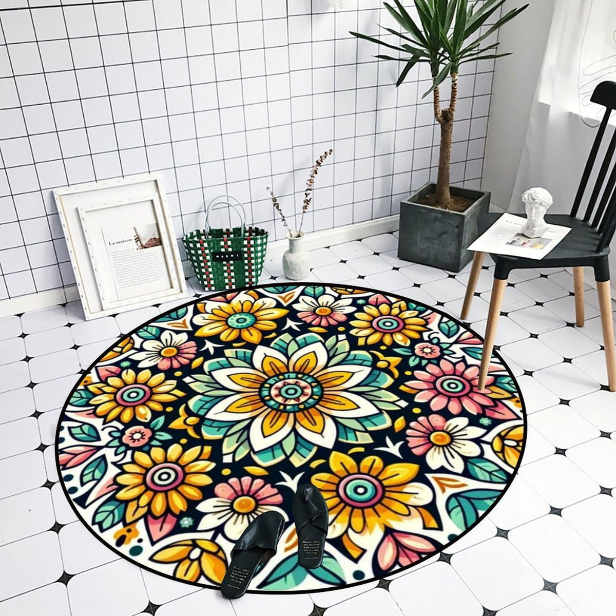 Round Area Rugs 4 FT Washable Non Slip Circle Rug (Geometric Florals / 4' (Round))