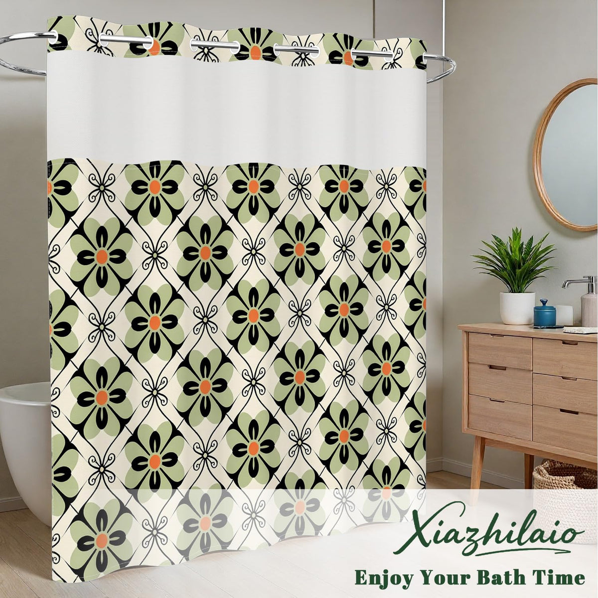 Mid Century Modern Shower Curtain with Snap in Liner (Boho Flower)