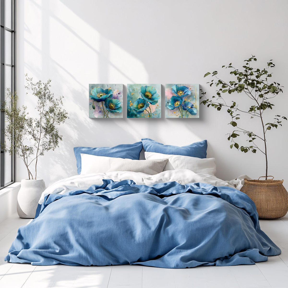 3Pcs Blue Teal Poppy Flower Wall Art Canvas Print with Gold Accents Modern Botanical Floral Contemporary Watercolor Style Elegant Flower Artwork for Living Room Bedroom Home Office Wall Decor (16 x 16 inches (3-Piece Set) / Blue Poppy)