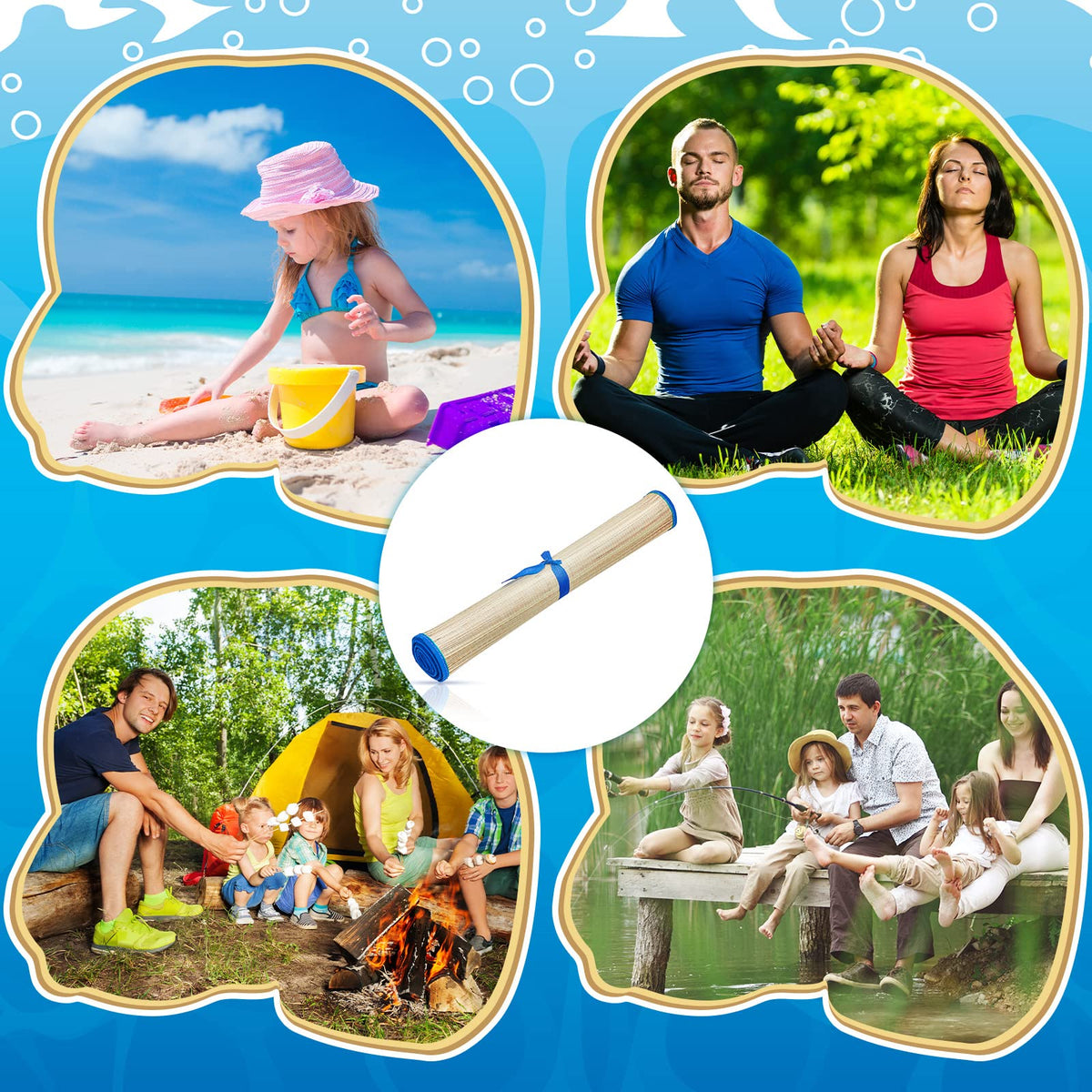 6 Packs Straw Beach Mat with Trim (70 x 24 Inch / Blue)