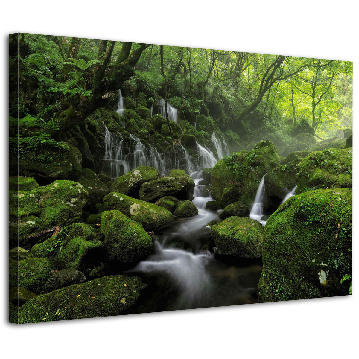 Waterfall Canvas Wall Art for Living Room Nature Forest Picture Wall Decor Foggy Mountain Landscape Painting Prints Green Moss Scenery Poster Stream Artwork Home Bedroom Office Decorations 12x16” (16"L x 12"W / STREAMFORT)